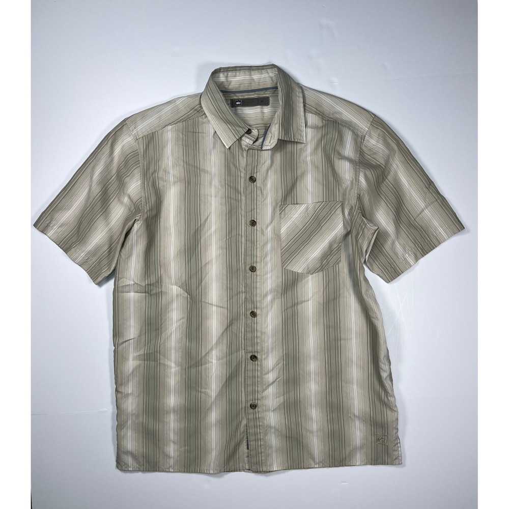 REI‎ Button Down Shirt Mens Medium Tan Vertical Stripe Short Sleeve Casual Hike